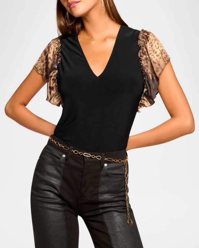 Lysette Leopard Flutter-Sleeve Blous
